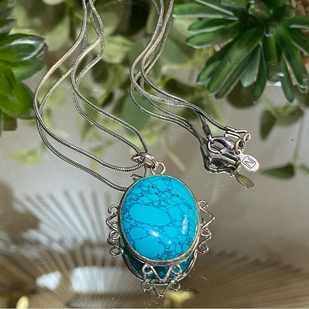 Vintage Sterling Silver Chain & Pendant Necklace Turquoise 16”